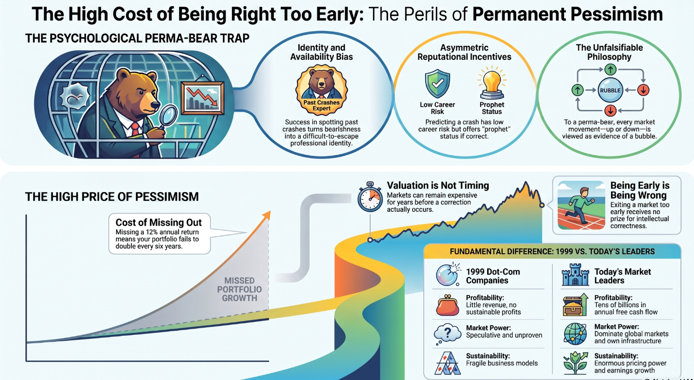 Infographic titled The High Cost of Being Right Too Early shows a bear analyst and charts on market pessimism and missed growth.
